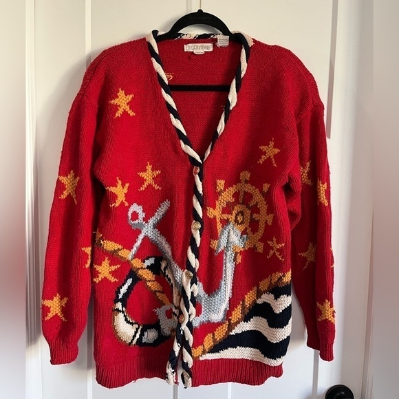 Vintage Nautical Chunky Cardigan Sweater Medium - Picture 1 of 15